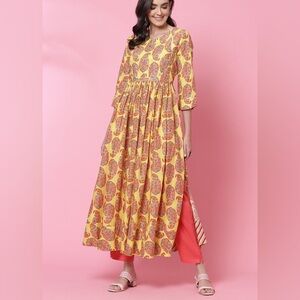 Biba yellow paisley cotton flared kurta dress tunic EUC size 42 (US 12)